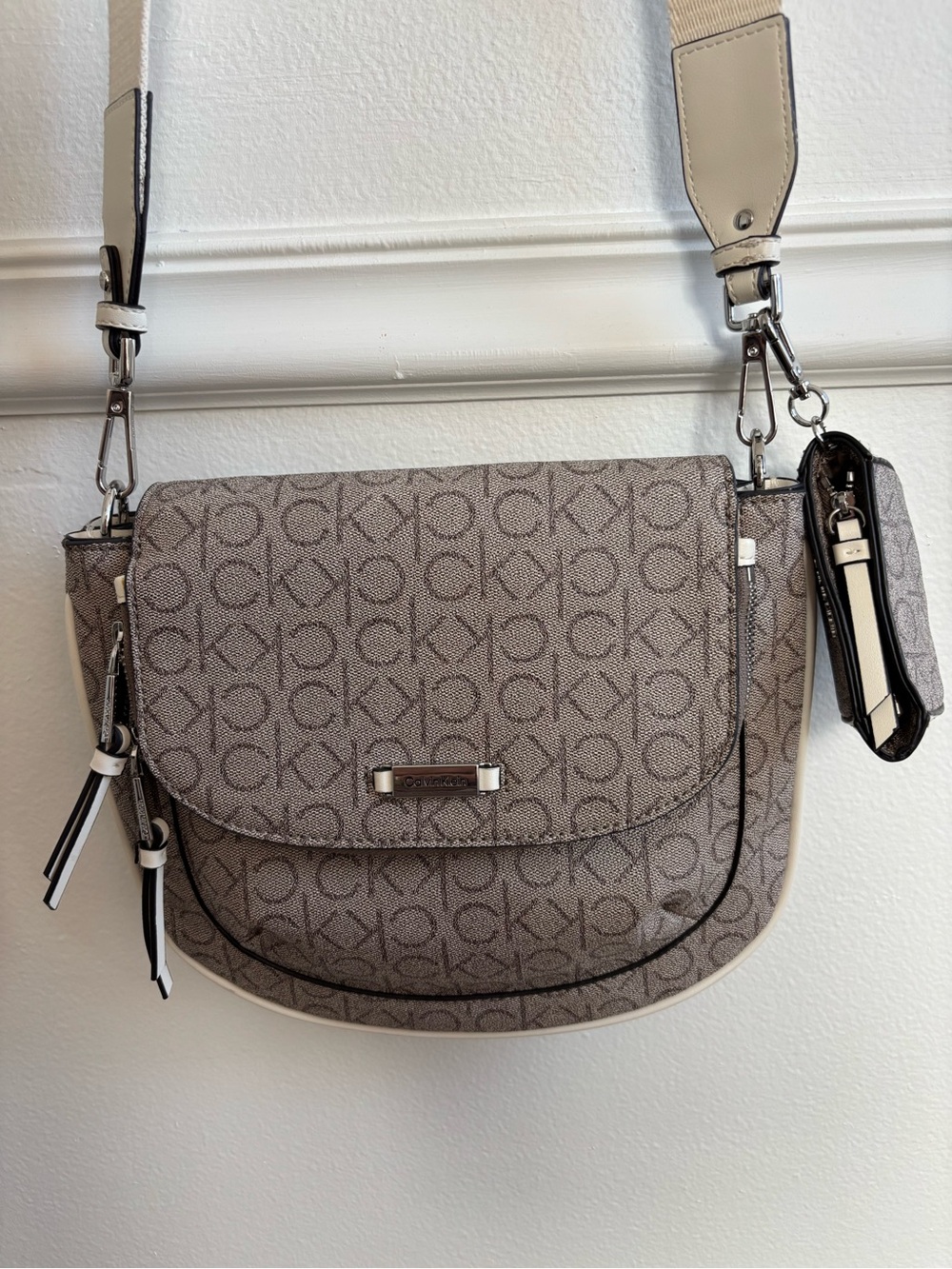 Calvin Klein Taupe Monogram Saddle Crossbody